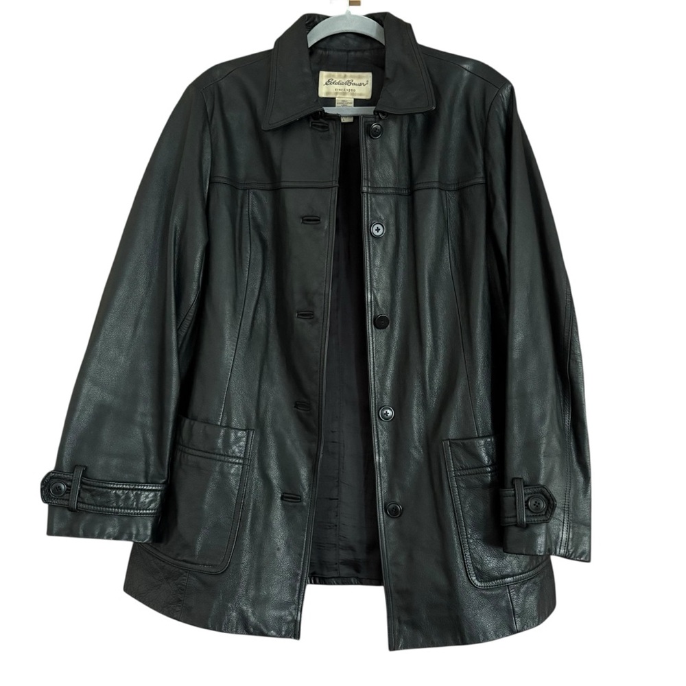 Vintage Y2K Eddie Bauer Women’s Black Leather Car Coat Casual Streetwear Sz L